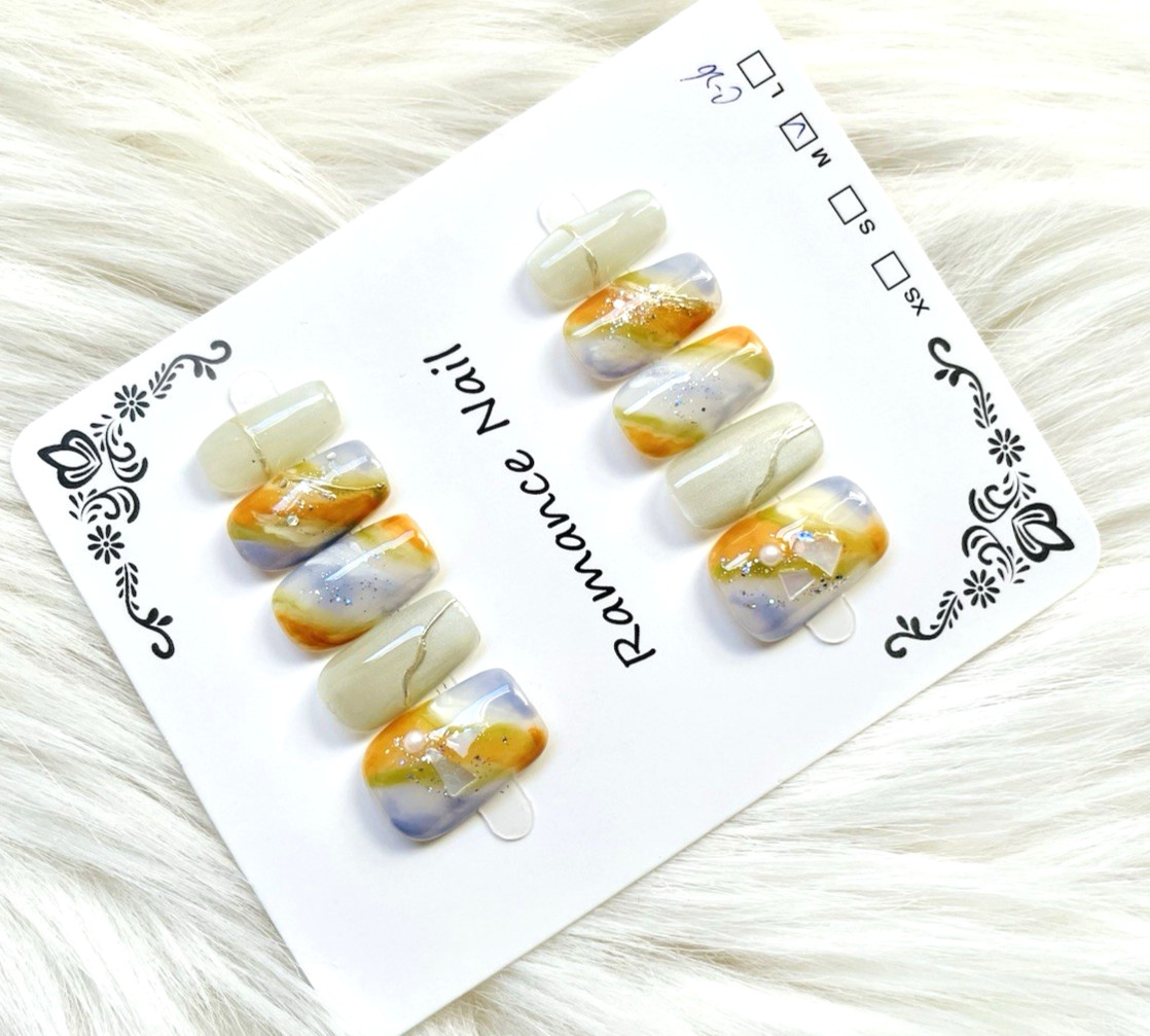 Blue Gold Ombre Premium Press On Nails Size MEDIUM, MD Length Square