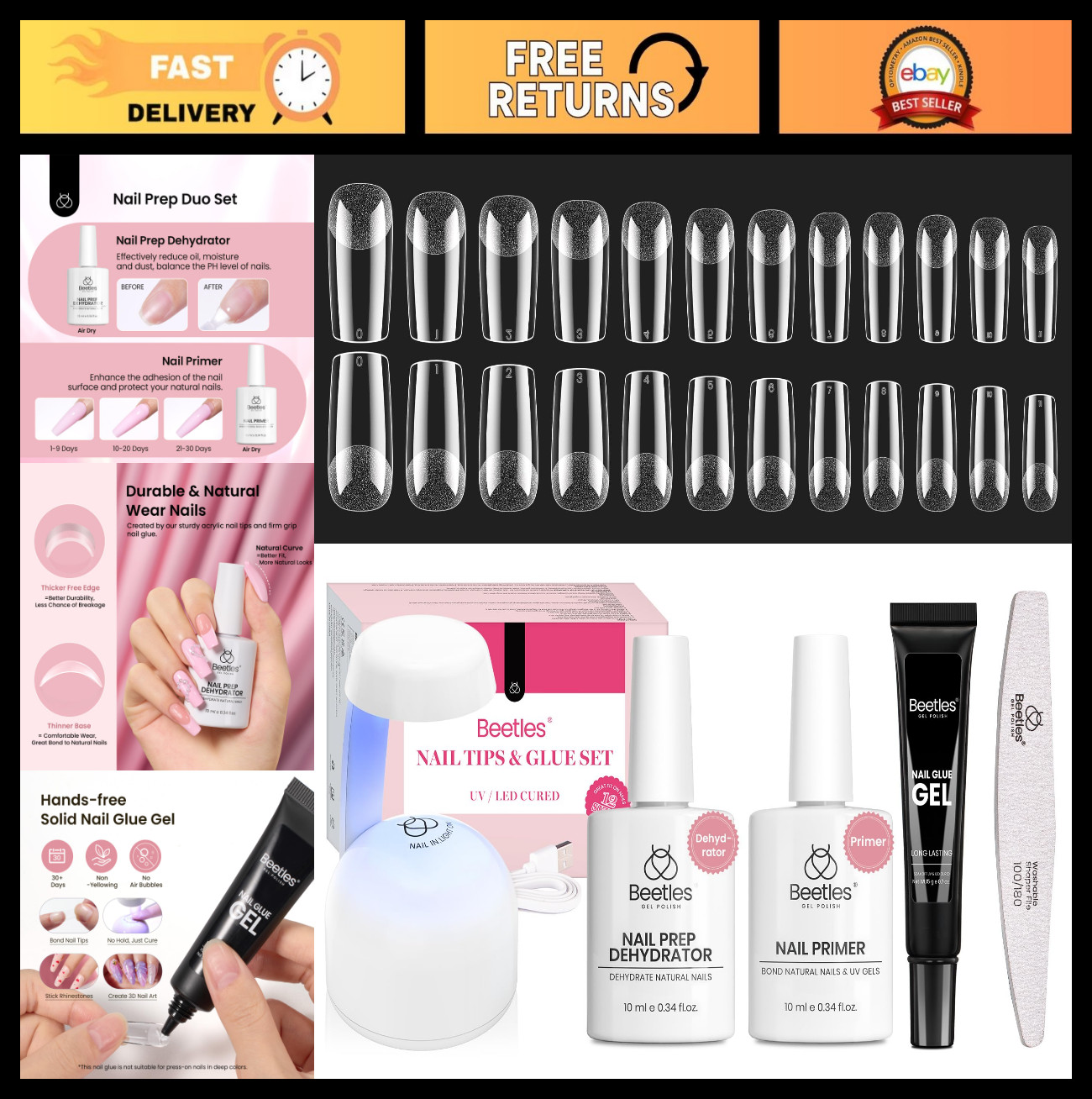 Medium Square Gel Nail Kit with Dehydrator & Primer | 576Pcs Matte Gel Tips, Min
