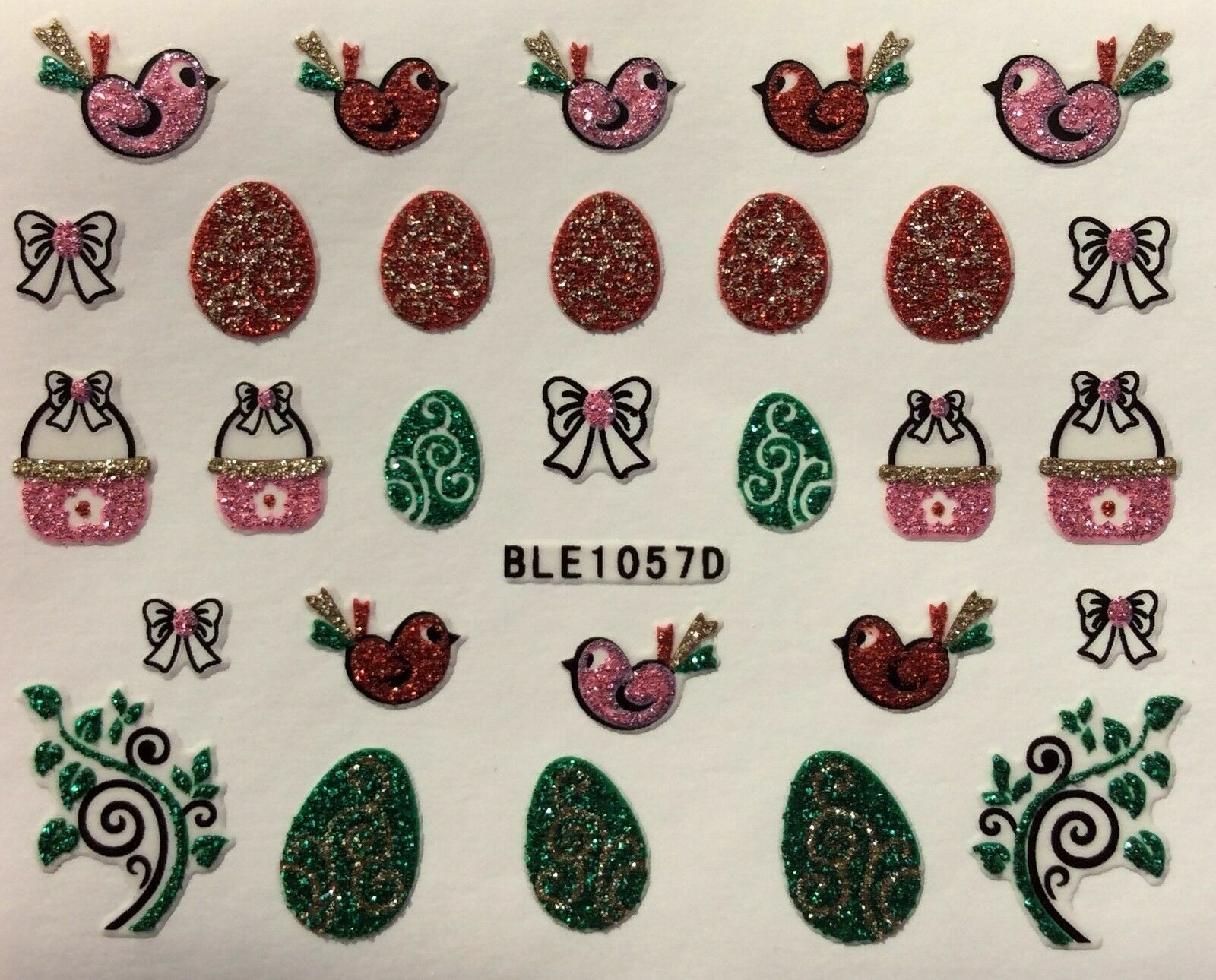 Nail Art 3D Stickers Glitter Decals Easter Eggs Baskets Birds Bows BLE1057D