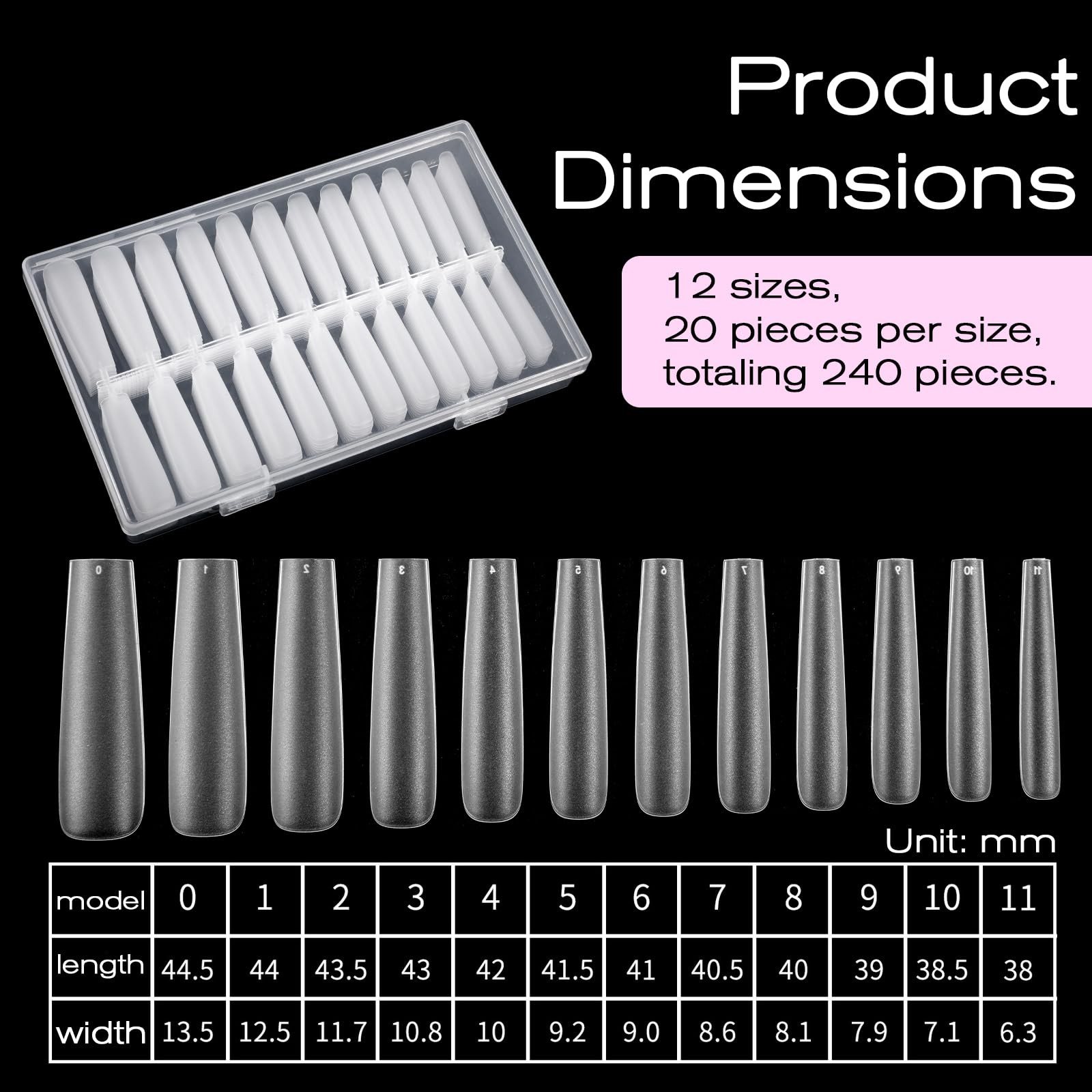 240PCS Long Square Nail Tips, 12 sizes Pre Shaped Full Cover Curve Nail Tips,…