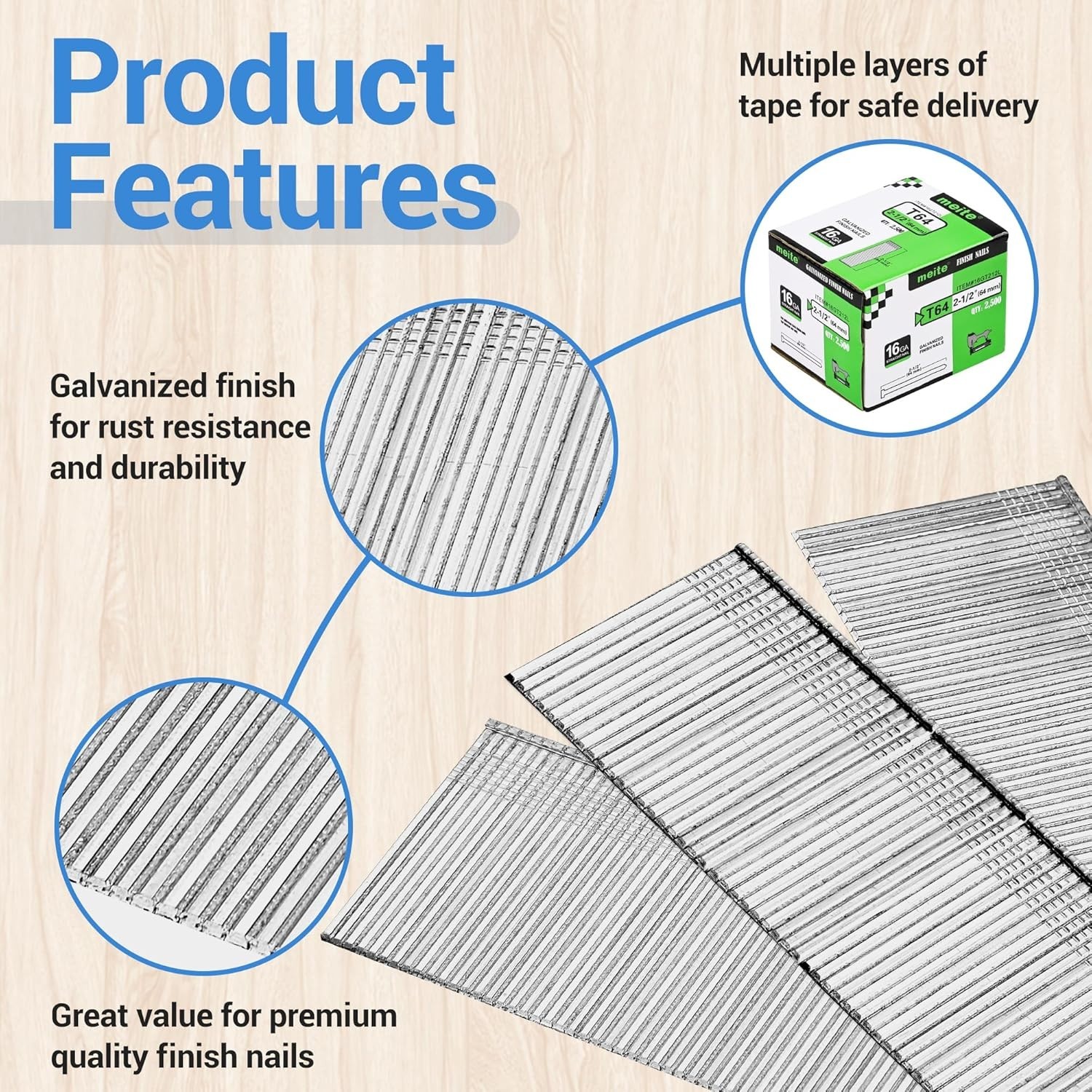 Durable 2-1/2 Inch Galvanized 16 Gauge Straight Finish Nails, Box of 2500 PCS