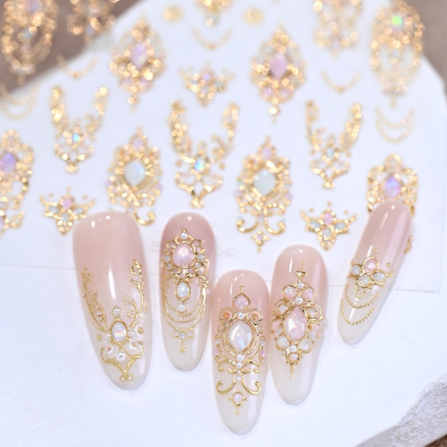 5D Embossed Gemstone Nail Stickers Gold Art Decals with Style-1
