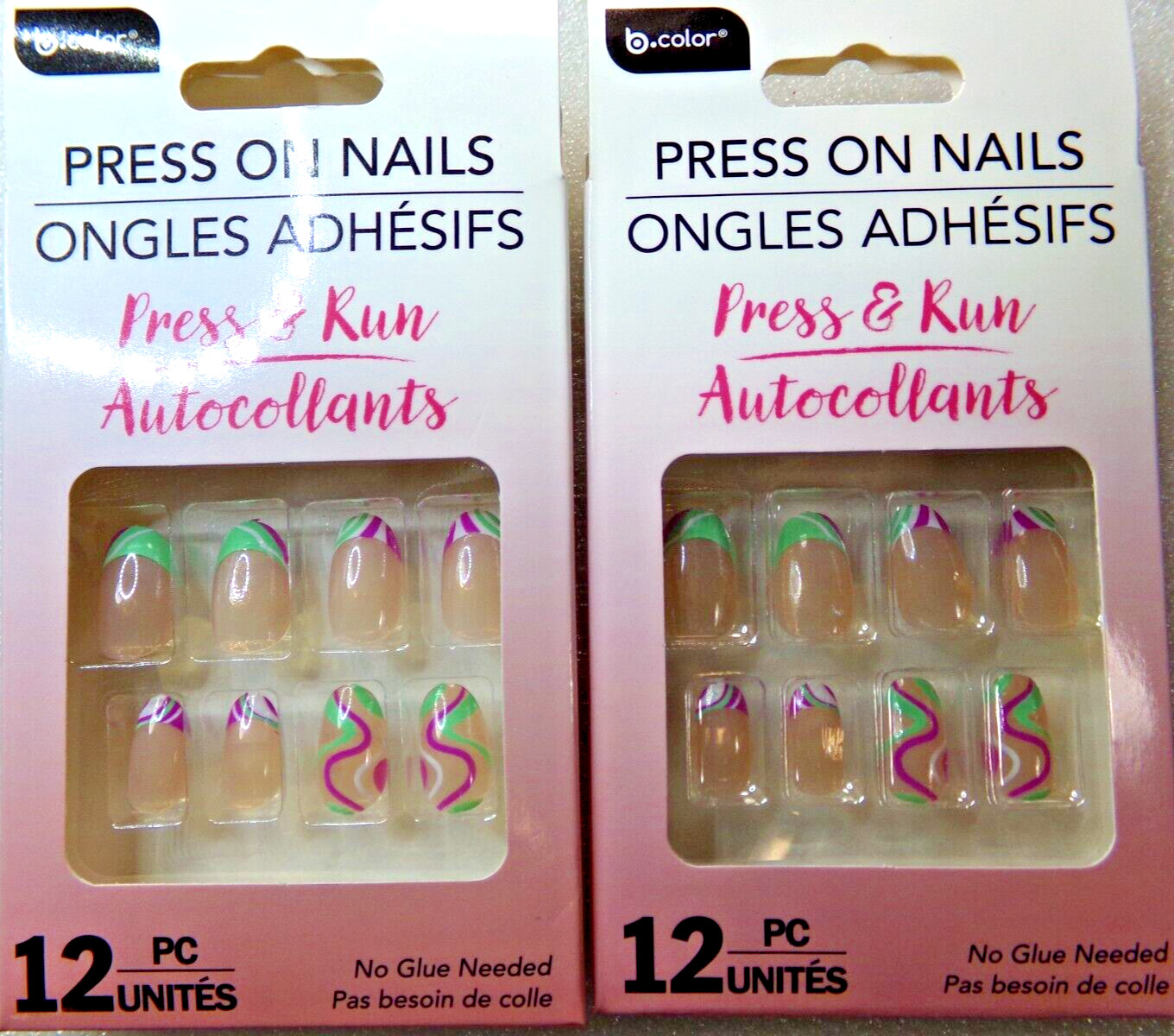 2 Packs b*Color Nails Shiny Green & Pink Artificial glue on Short Oval