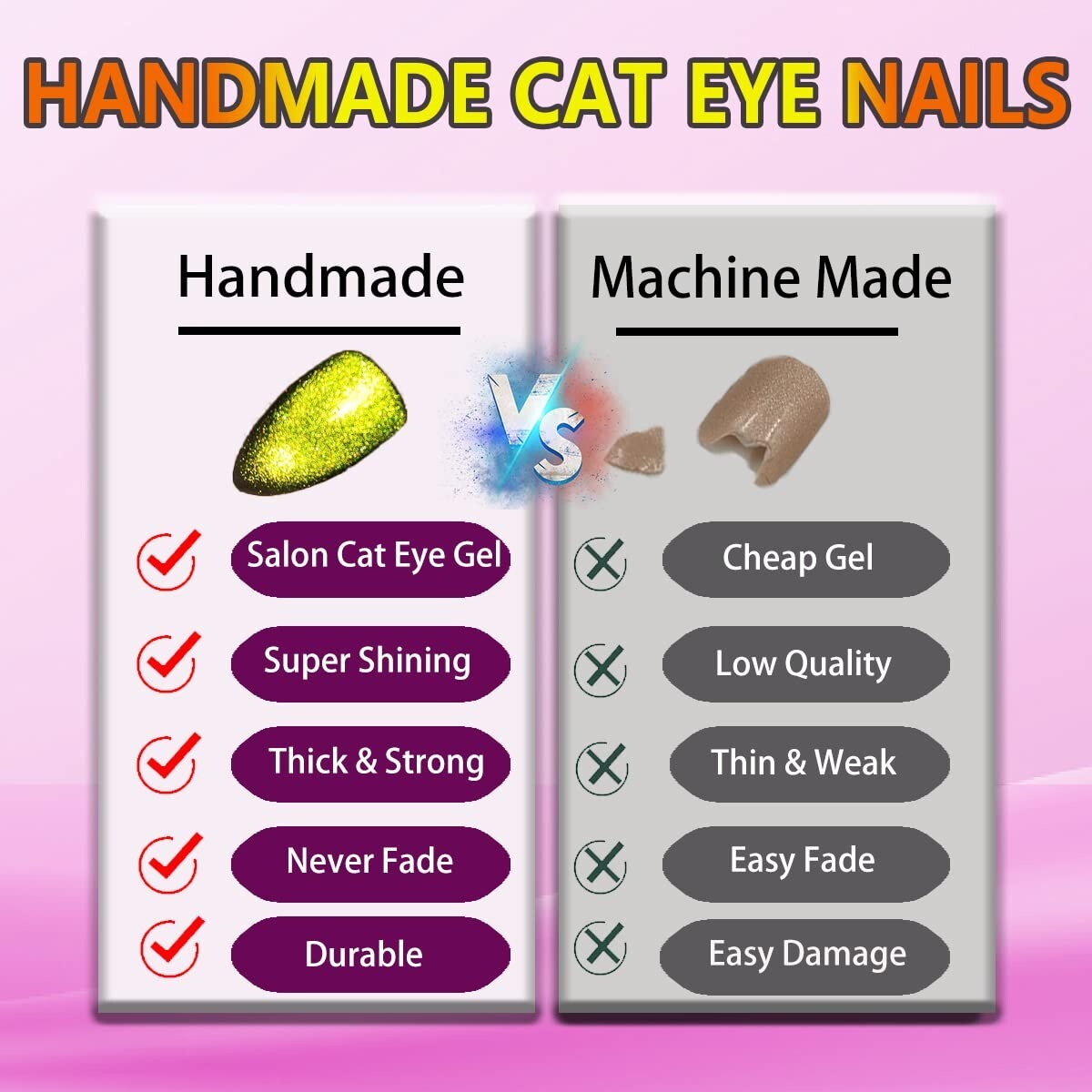 🔥Press On Nails Short Almond Stiletto 4 Sets 100% Handmade Cat Eye Glitter Fake