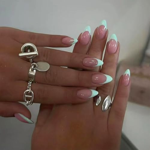 30Pcs Mint Green Press on Nails French Tip Fake Nails Short Almond Shape