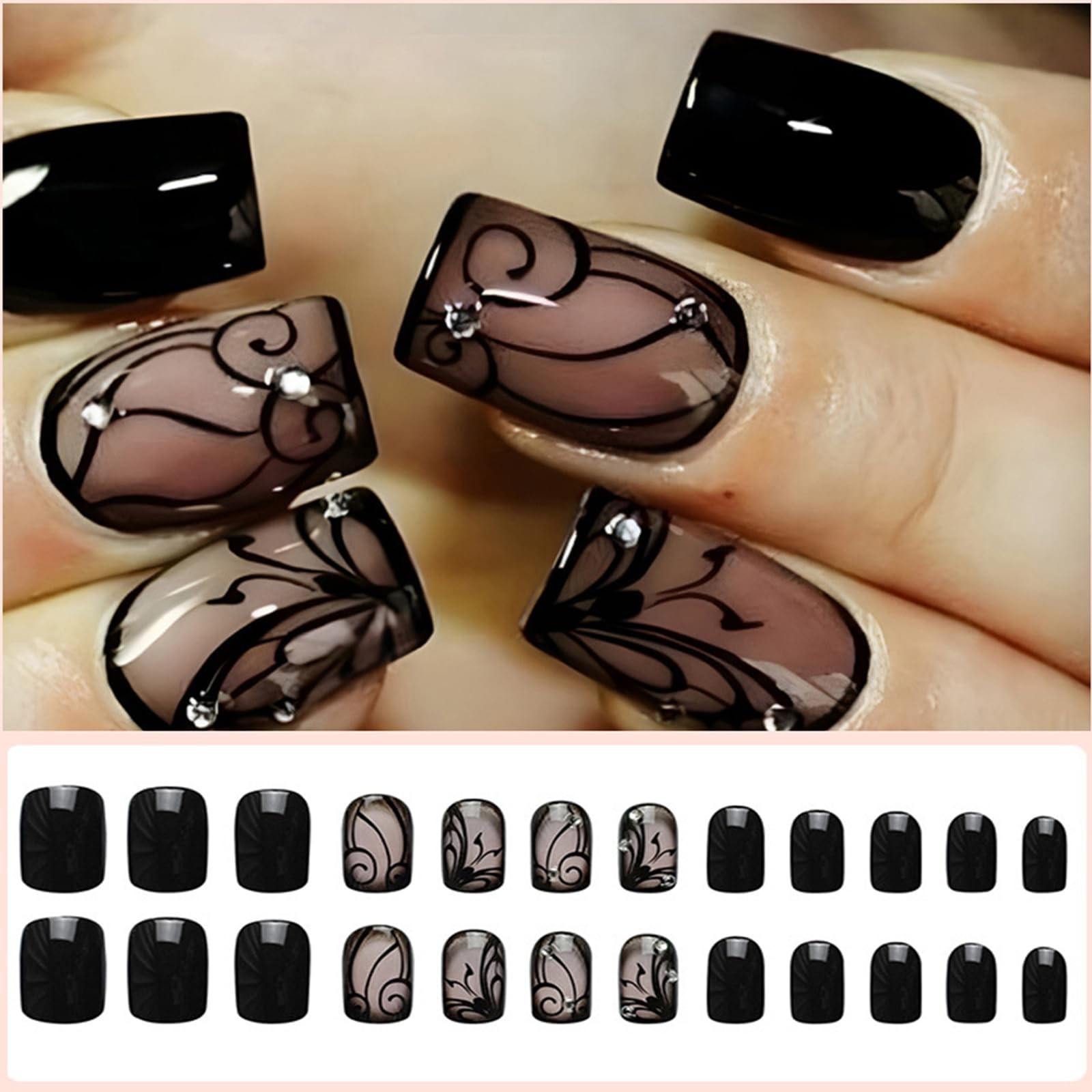 French Short Press On Nails, Halloween Black Vine Square Short,