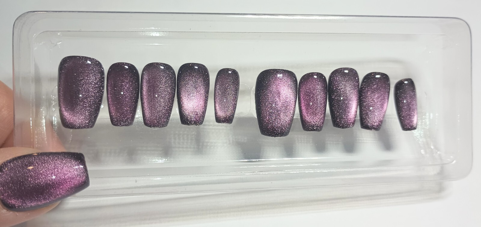 Purple Galaxy Cat Eye Press on Nails Handmade Fake Fingernails Gel Polish