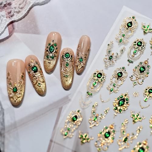 Gold Nail Art Stickers 5D Embossed Green Gem Nail Stickers Luxury Self Style-31