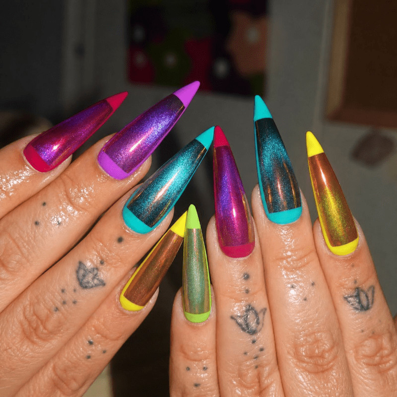 48pcs Stiletto Press on Nails, Neon Rainbow Mirror Chrome Glitter Trend Nails