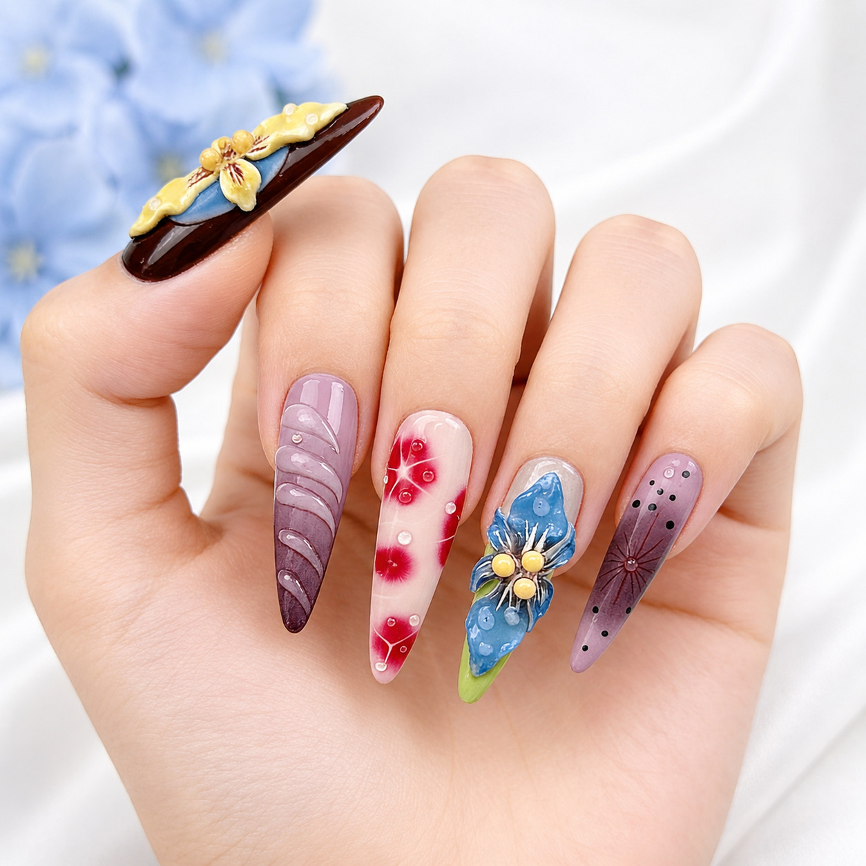 Press On Nails Extra Long Stiletto 3D Flower Butterfly Water Drop Y2K Nail Set