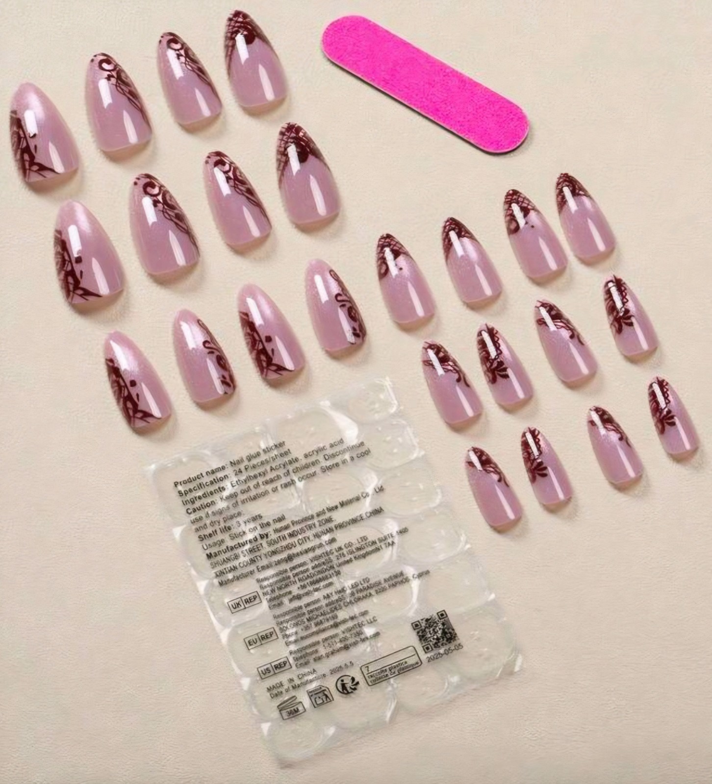 Press-On Nails Pink Glitter w/Burgundy Scrollwork Vintage Vibe Long Almond Shape