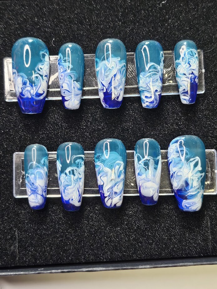 Hand Painted, Long Coffin Press on nails – blue & teal jelly base w/white swirl