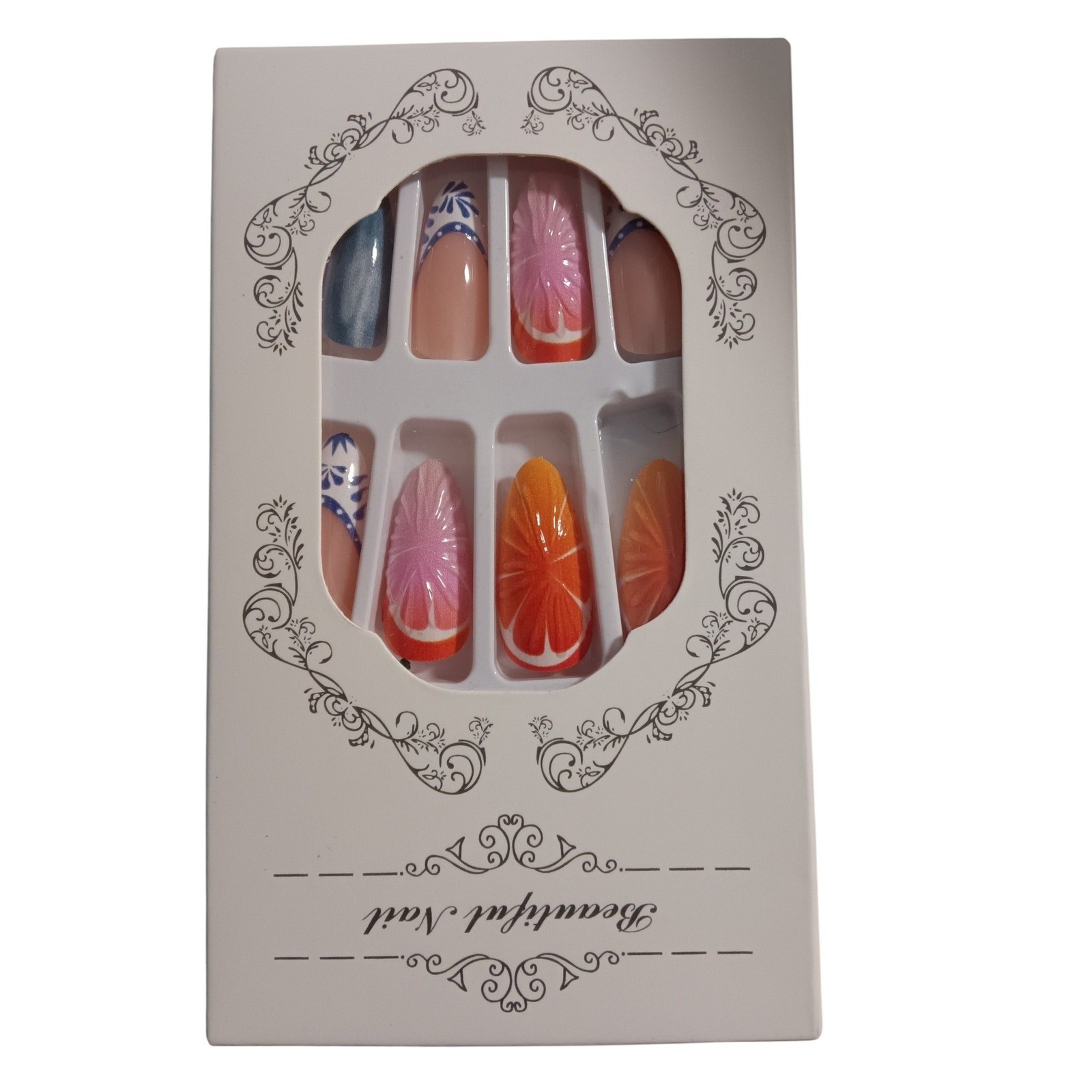 Beautiful Nail Press On Nails Almond Shape Orange Pink Floral Gradient 12pc Set
