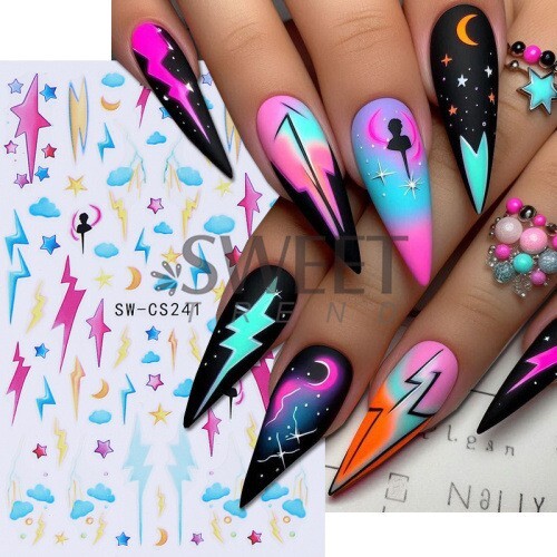 2 Sheets Abstract Graffiti Lightning Bolt Star French Nail Art Stickers NH28