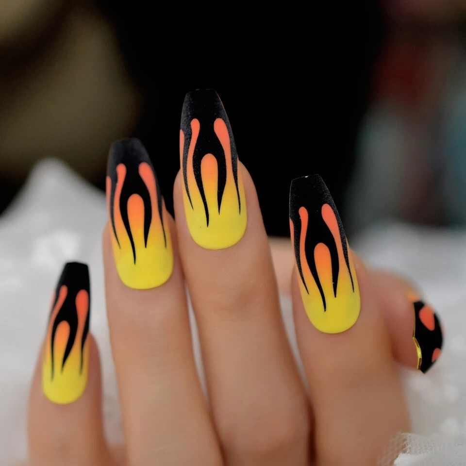 24 Press on Nails kit w Glue extra long Coffin guy fieri black flames yelllow