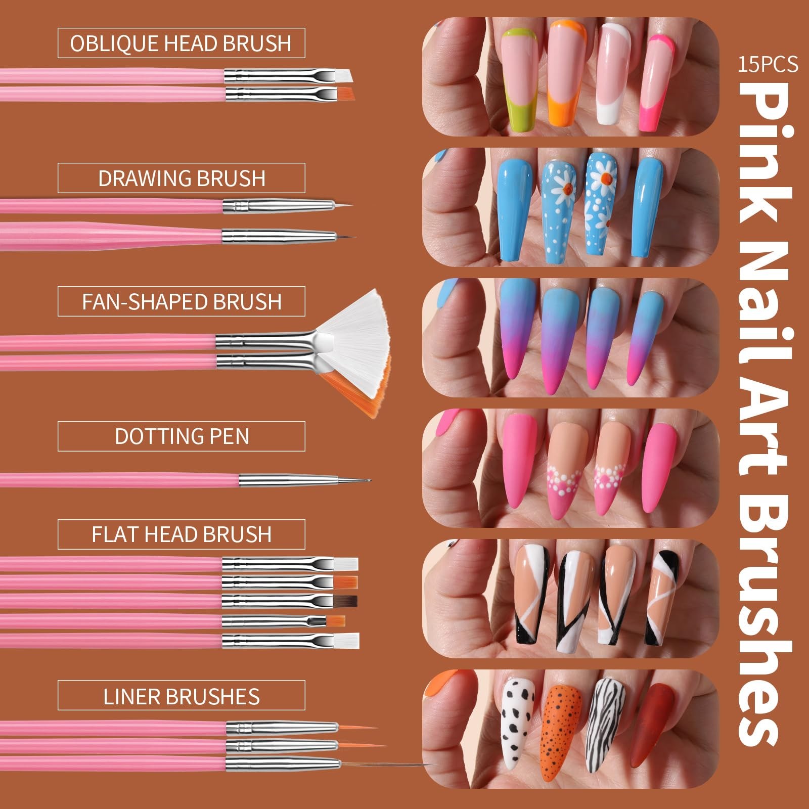 FANDAMEI Nail Art Kit, Brushes Set, Design 38 Piece A-Pink