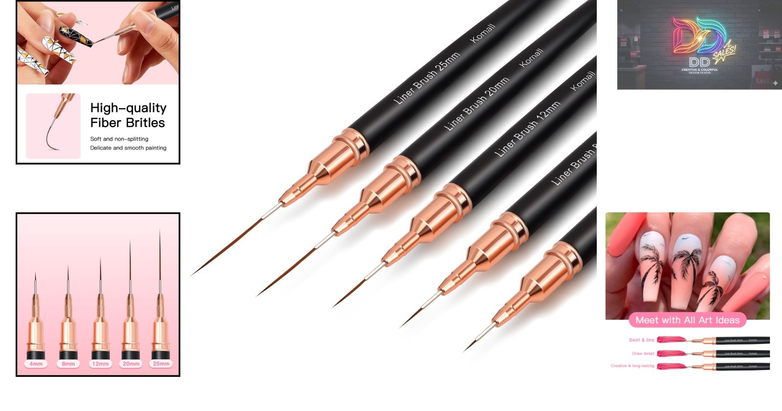 5-Piece Metallic Nail Art Brush Set for Fine Detailing & Precision
