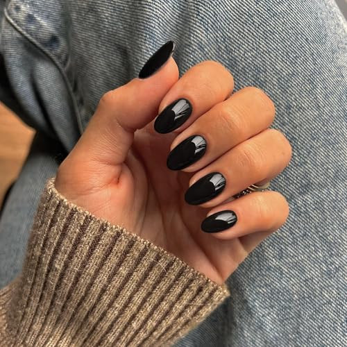 Black Press on Nails Short Oval Round Nails Glue on, Fall Winter oval black