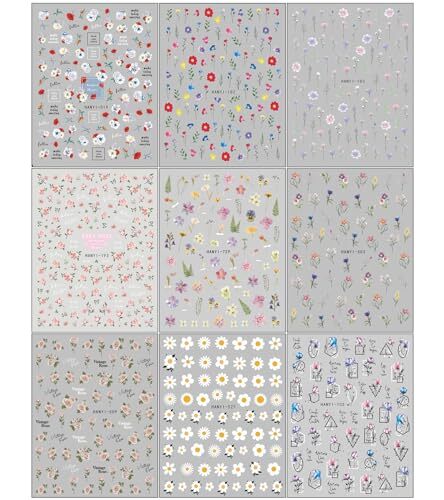 9 Sheets Spring Flower Nail Art Stickers Decals Self-Adhesive Colorful Flower