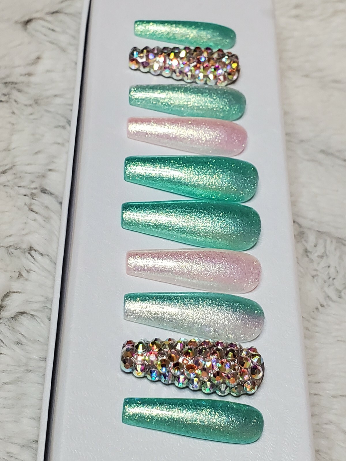 Green & white Bling glitter long ballerina diamond press on nails barbie ombre