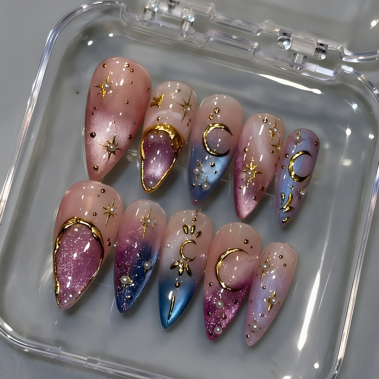 Custom Pure Handmade Nails Pink Blue Moon Star Pearl Dreamy Starry Manicure