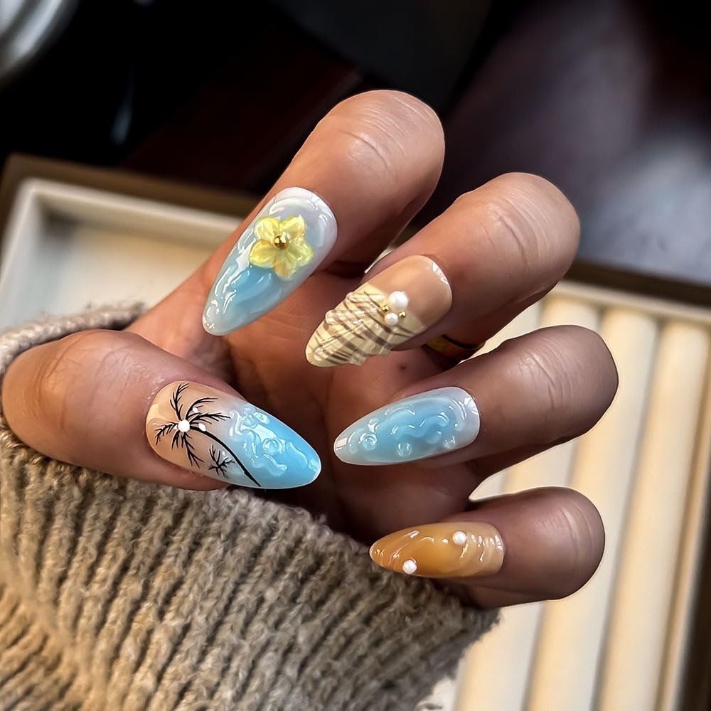 Seashell French Tip Press on Nails Medium Almond Fake Nails, Summer Beach Fal…
