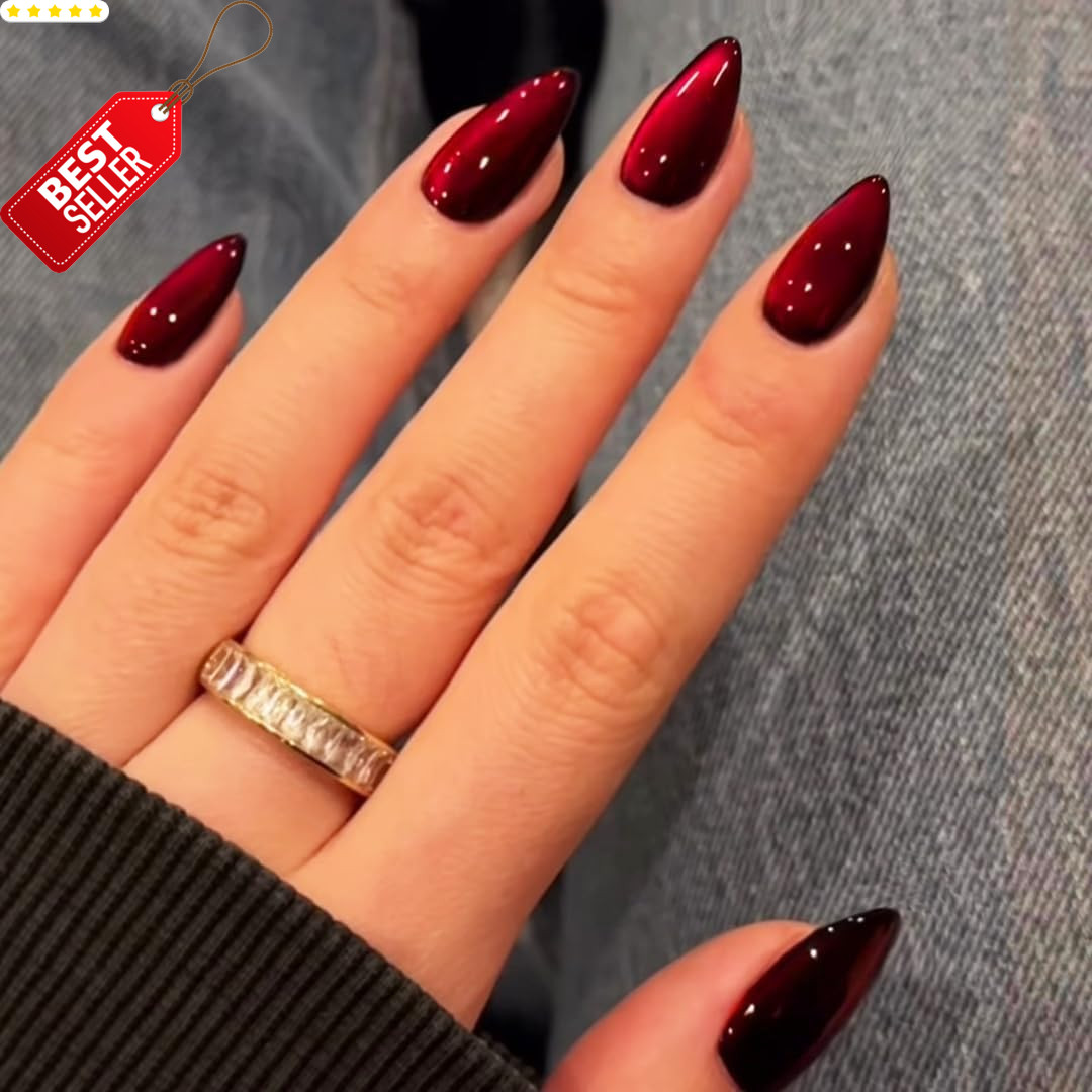 30x Dark Red Cat Eye Press On Nails Almond Medium Glitter Burgundy Fake Nails –