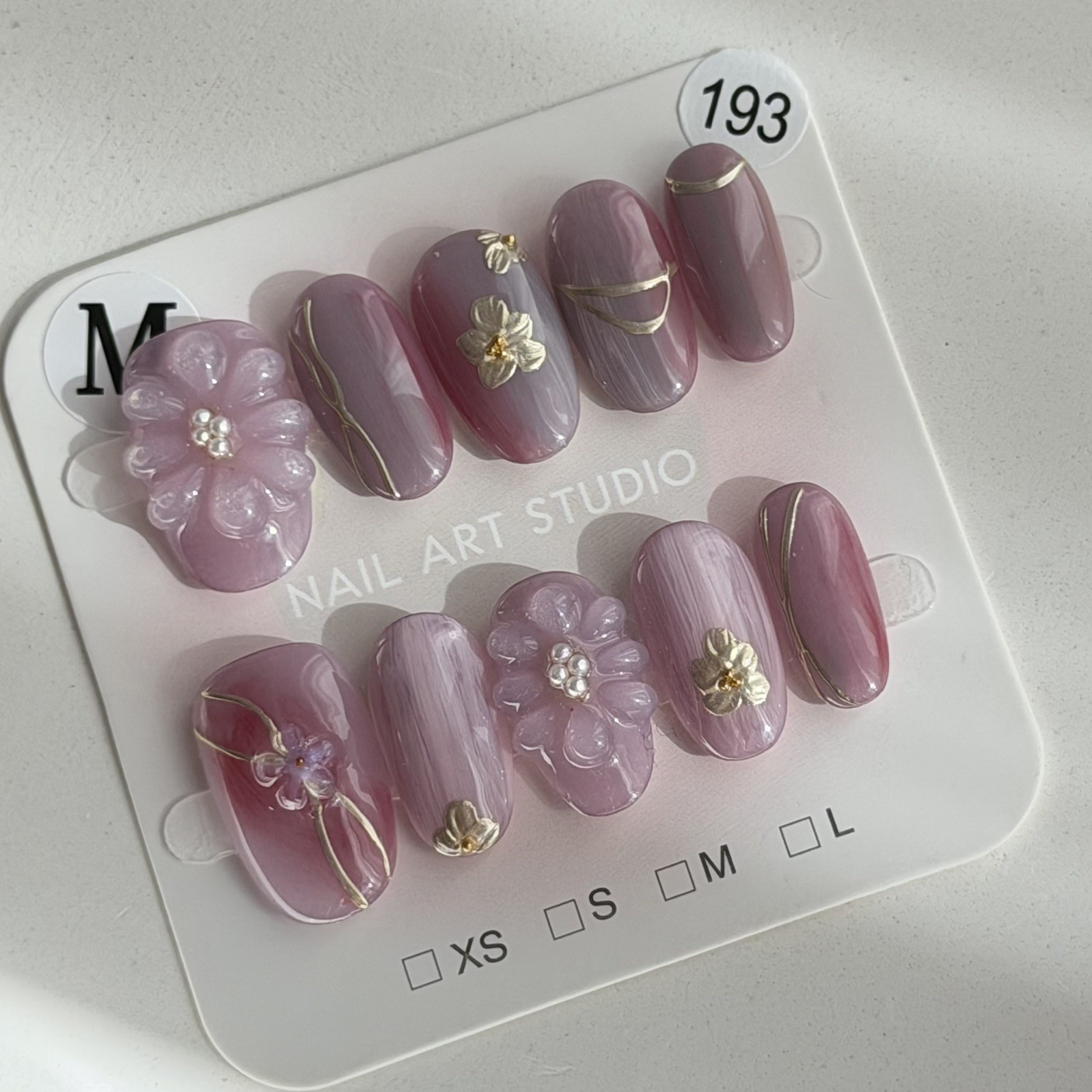 Handmade Pink 3D Flower AB Press-On Nails Short Oval Size M Reusable False Nail
