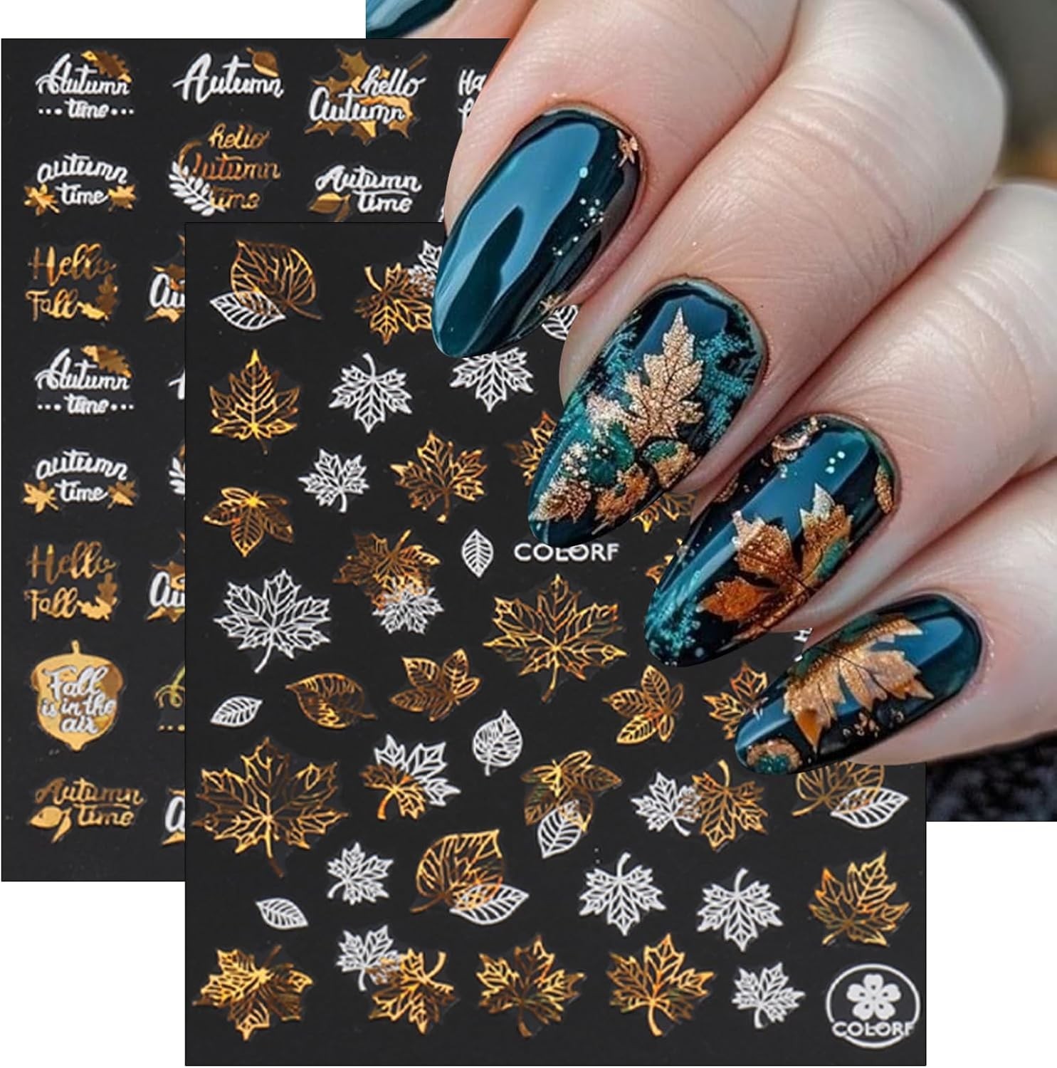 9 Sheets Bronzing Fall Nail Art Stickers 3D Glitter Metallic Maple Leaf Nail …