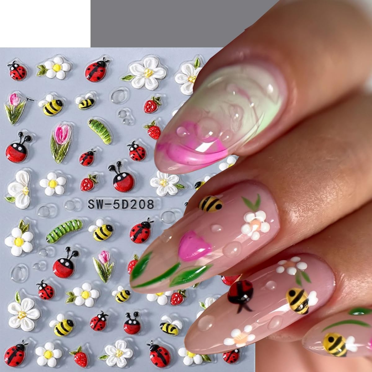 5D Embossed Ladybug Bee Nail Stickers Flower Nail Decals Daisy Nail Art Stick…