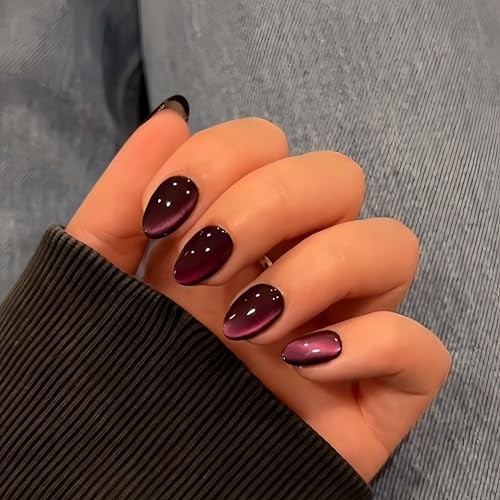 Cat Eye Press on Nails Short Oval, 30 Pcs Dark Pink Fake Nails Extra Short