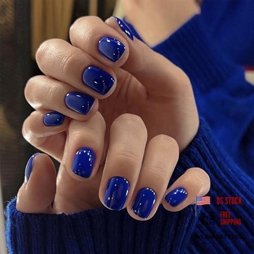 120Pcs Short Press on Nails – Royal Blue Fake Nails Glossy Square Glue