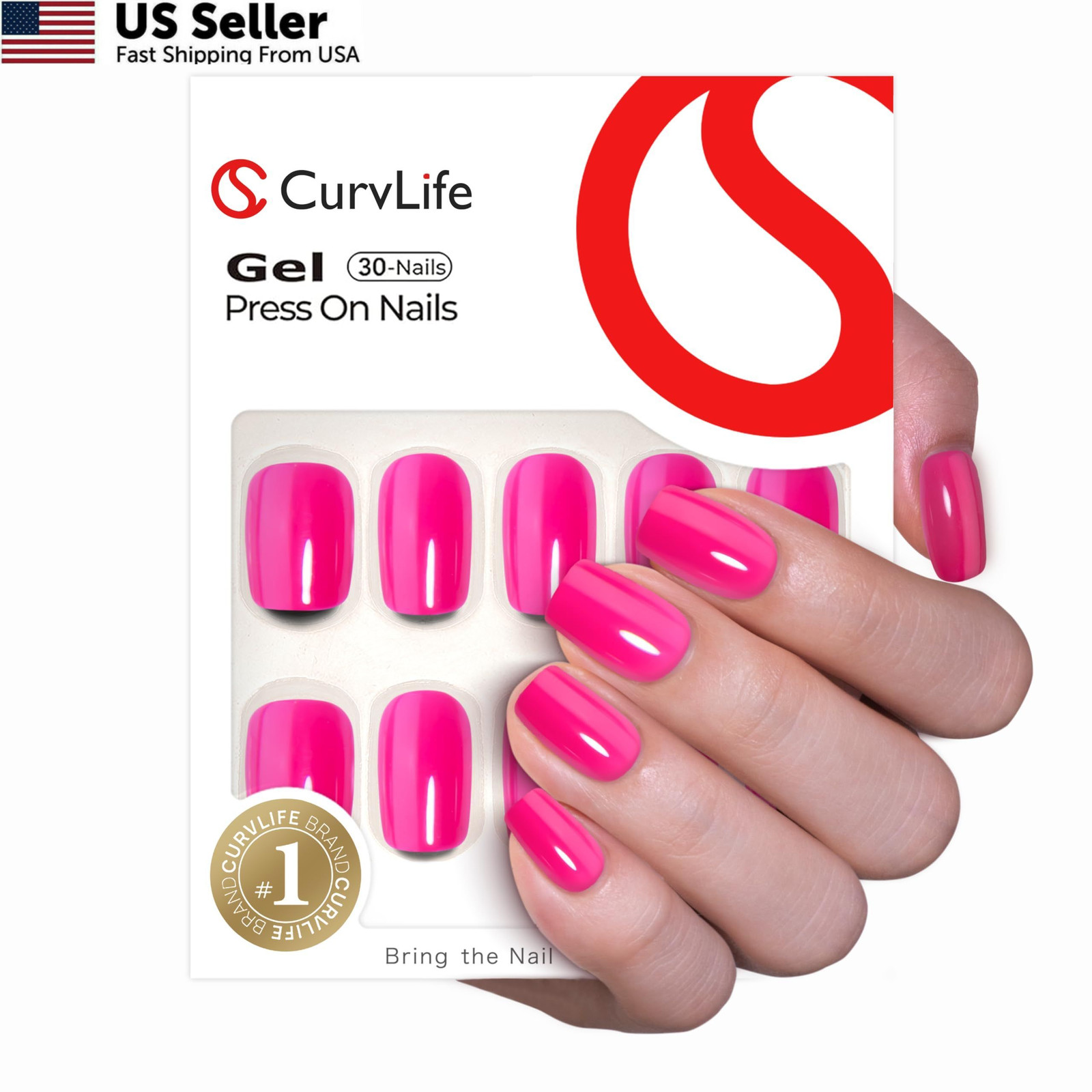 CurvLife Soft Gel Press on Nails Short Square, Hot Pink 15.5mm, Bright-Pink