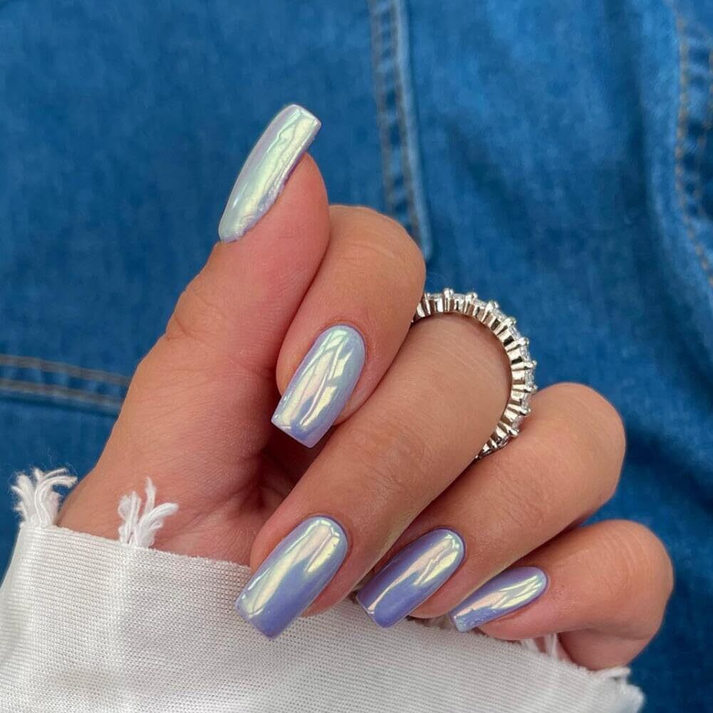 Light Blue Chrome Press on Nails Short Square, Gold Nail Fake Nails Medium