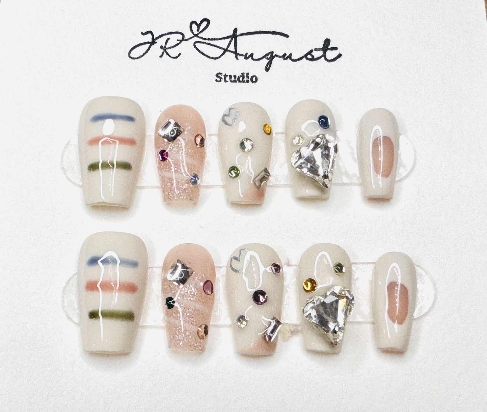 Press on nails Handmade Y2K girl cream color diamond heartmedium coffin XS S M L
