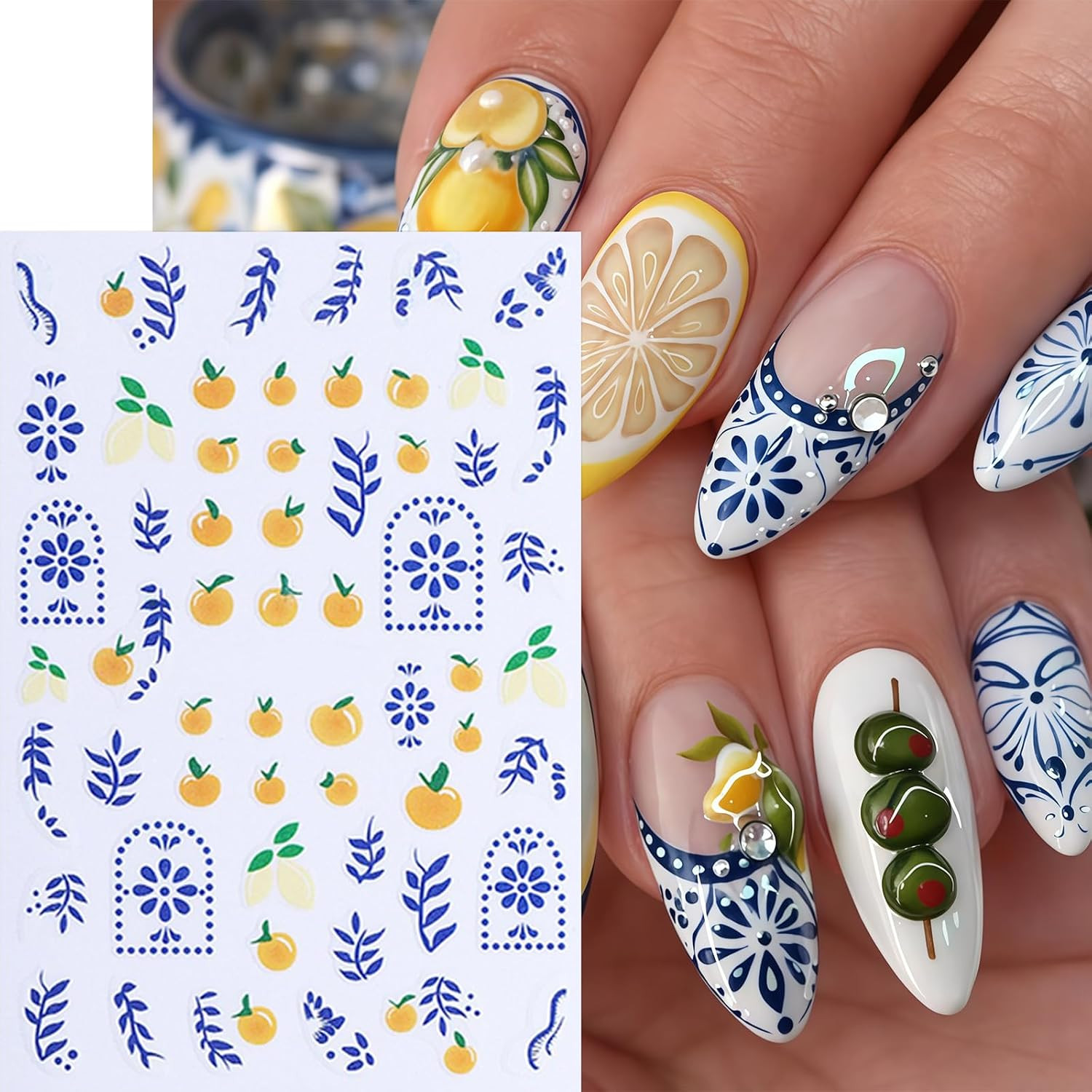 8Sheets Fruit Nail Art Stickers Decals 3D Summer Fruit Nail Decals Blueberry Lem