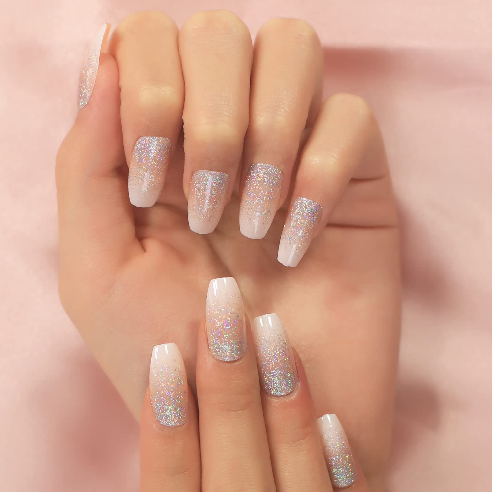 Glossy Nude Pink Gradient Press on Nails, Medium Length Coffin False Nails, B…