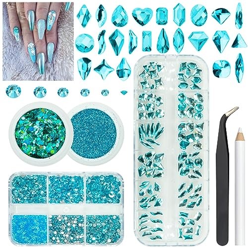 Aquamarine Nail Rhinestones Glitters 24 Shapes K9 Glass 4 Boxes Aquamarine Blue