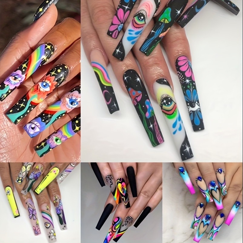 120pcs Bold Colorful Cartoon Press On Nails Eye Rainbow Long Coffin Fake Nails