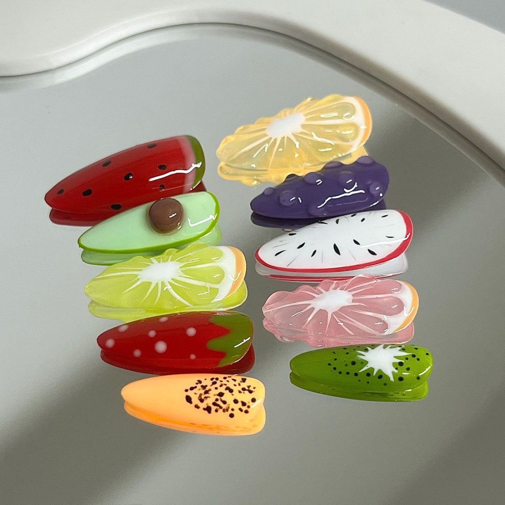 Summer Fruit Inspired Press On Nails with 3D Lemon Pattern Removable Nail Art