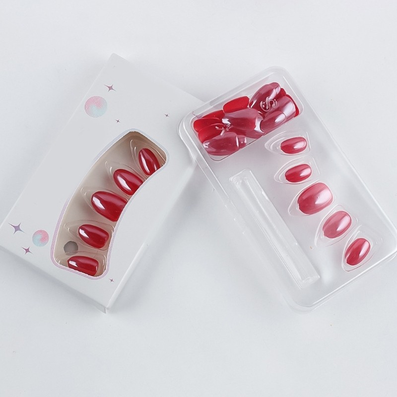 Oval Shape Short False Nail In Red Color Set Of 32Pieces Artificial Nail