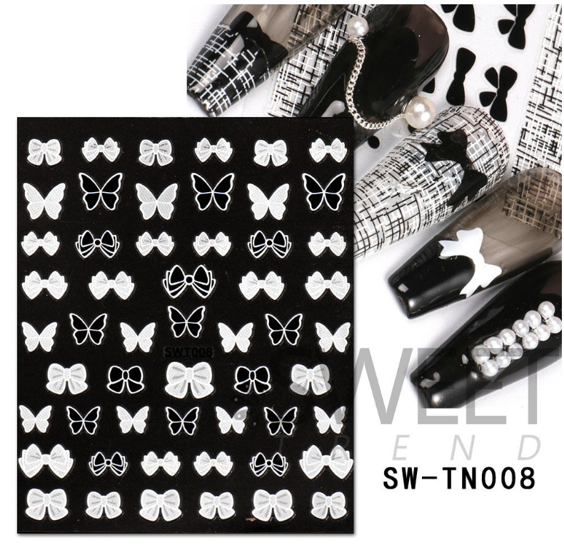 Nail Art Stickers 3D Black White Butterfly Bow Flower Love Self Adhesive NS48