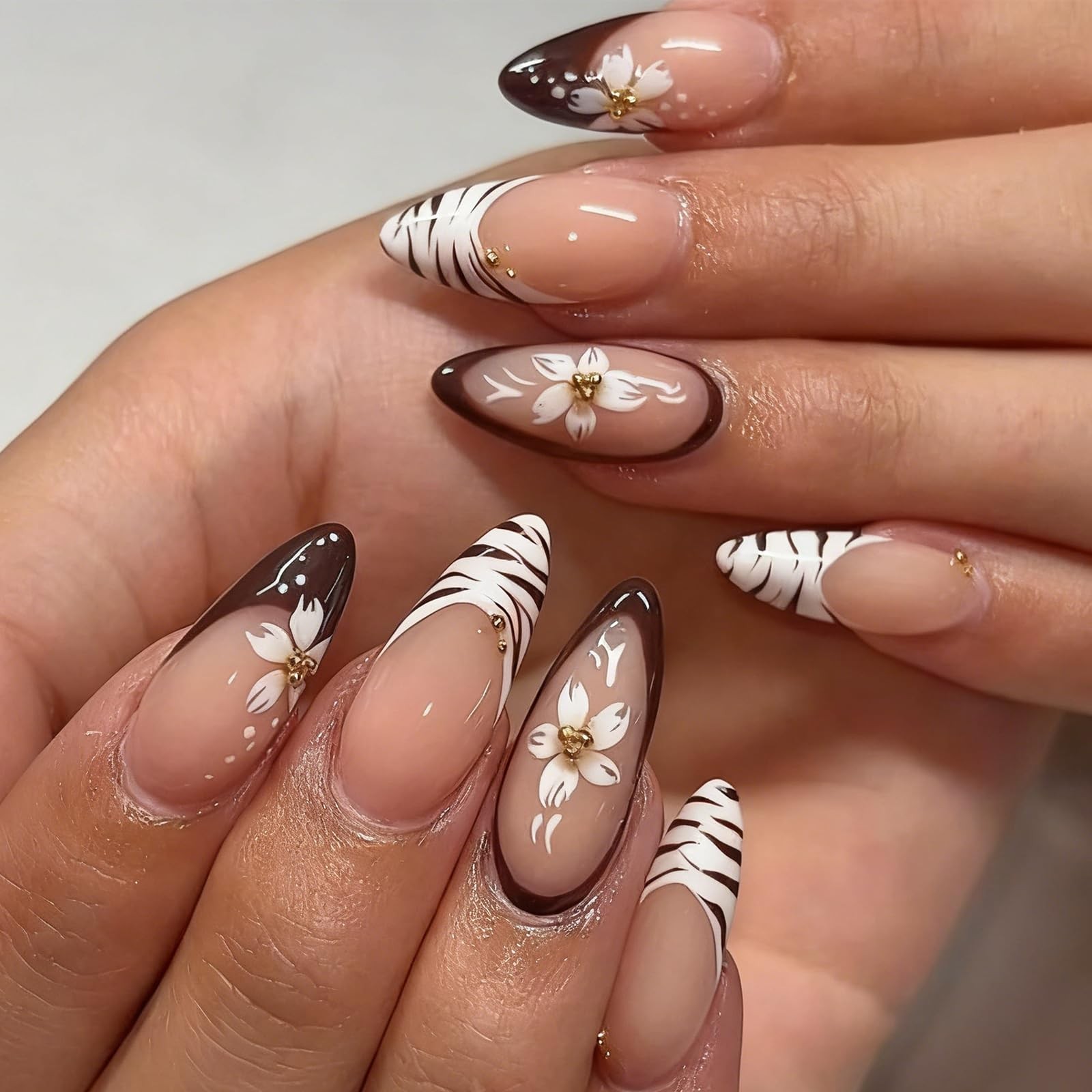 Zebra Print Press on Nails Medium Almond Fake Nails with Gold Bead Designs Fa…