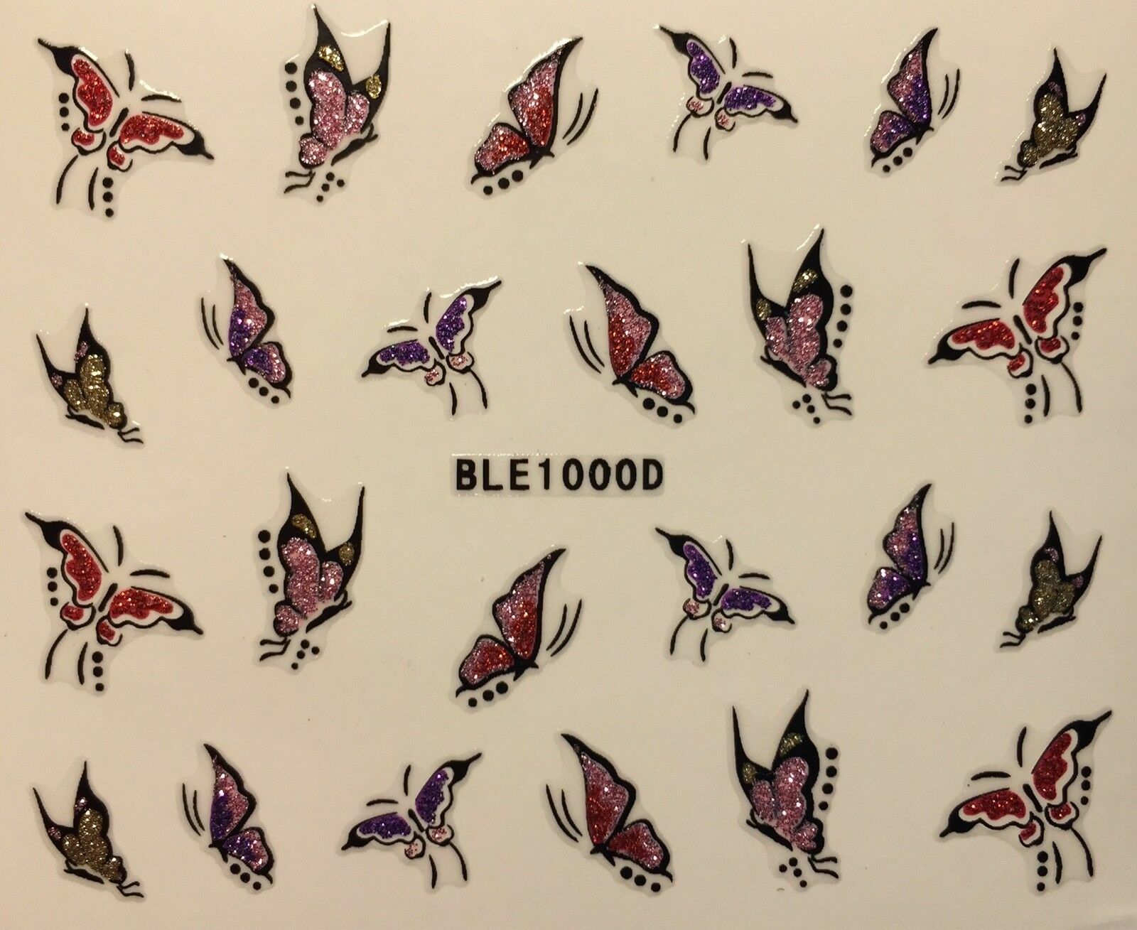 Nail Art 3D Decal Glitter Stickers Pink Black Butterfly Butterflies BLE1000D