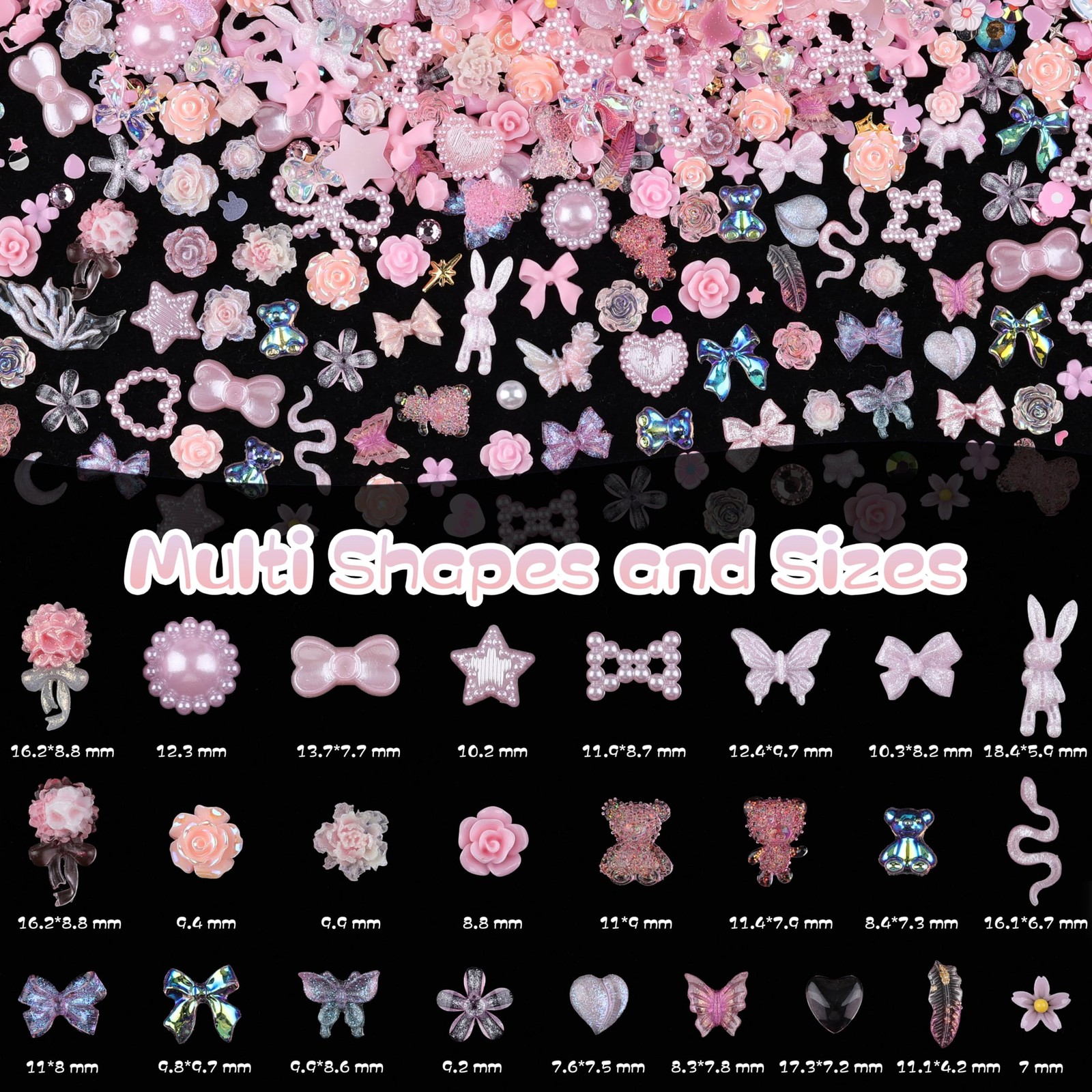 260Pcs 3D Assorted Pearls Nail Charms Acrylic Multi Shapes Heart Flower
