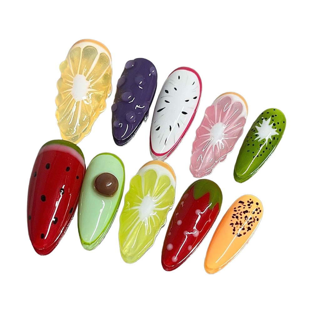 Summer Fruit Inspired Press On Nails with 3D Lemon Pattern Removable Nail Art