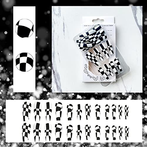 24Pcs Coffin Press on Nails Long White Fake Nails with Nail Glue Glossy Black