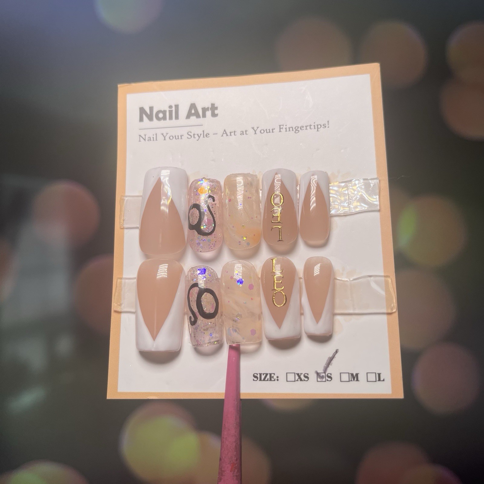 Nail Art Square Press-On Nails Beige White French Glitter Full Cover Short Set