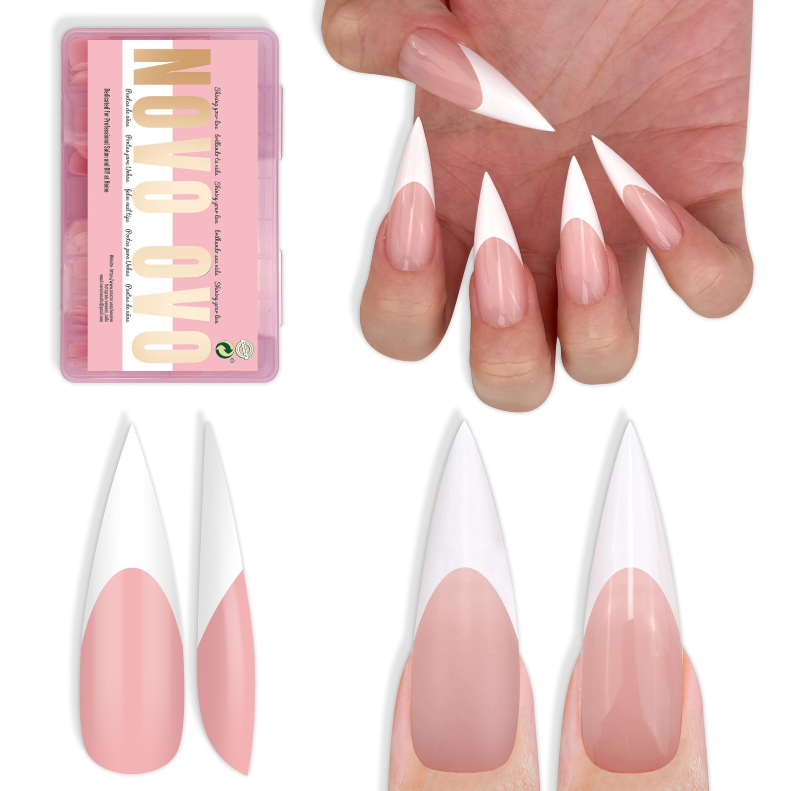 White French Tip Long XL Sharp Stiletto Nail Tips Press on BABY PINK, Soft Ge…