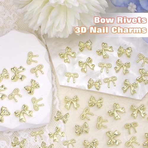 90 Pcs 3D Alloy Bow Nail Charms Gold